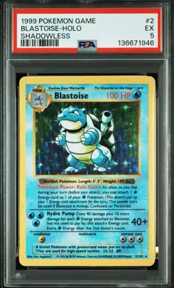 No Reserve PSA 5 1999 Pokemon BLASTOISE Base Set SHADOWLESS HOLO 2/102 RARE - Image 1