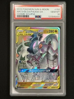 2019 POKEMON SUN & MOON COSMIC ECLIPSE #156 ARCEUS & DIALGA & PALKIA GX PSA 10 - Image 1