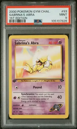 2000 POKEMON GYM CHALLENGE 93 SABRINA'S ABRA 1ST EDITION - PSA MINT 9 - Image 1