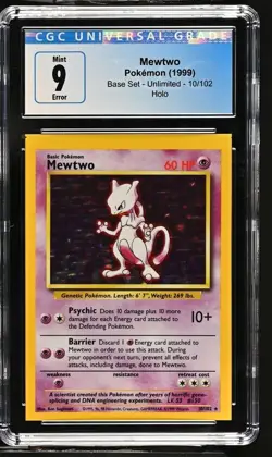 CGC 9 - 1999 Base Set Mewtwo 10/102 ERROR Square Cut HOLO Base Set Pokemon Card - Image 1