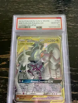 Pokemon TCG Arceus & Dialga & Palkia GX 156/236 Cosmic Eclipse PSA 10 - Image 1
