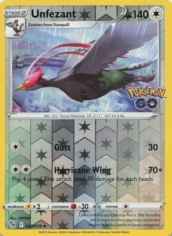 Unfezant 063/078 Uncommon Pokemon GO Pokemon Reverse Holo Near Mint - Image 1