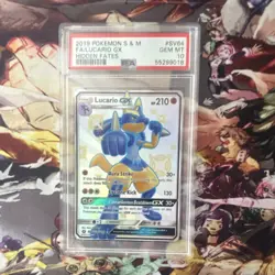 Pokemon TCG 2019 Lucario GX SV64/SV94 Hidden Fates Shiny Vault Holo Rare PSA 10 - Image 1
