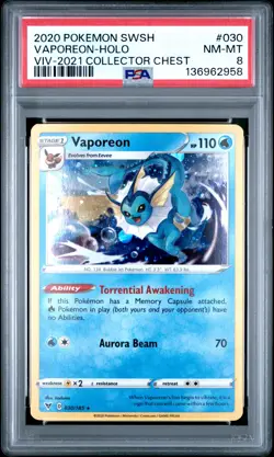 2020 POKEMON SWORD & SHIELD VIVID VOLTAGE #030 VAPOREON-HOLO PSA 8 - Image 1