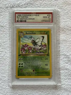 POKEMON 1999 1ST EDITION JUNGLE BUTTERFREE "d" ERROR 33 NON HOLO PSA GEM MINT 10 - Image 1