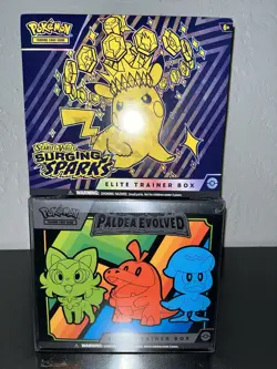 SEALED LOT 2 POKEMON ELITE TRAINER BOX ETB PALDEA EVOLVED + SURGING SPARKS - Image 1