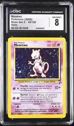 CGC 8 NM/MINT Mewtwo 10/130 Base Set 2 Holo Pokemon Card - SWIRL! - Image 1