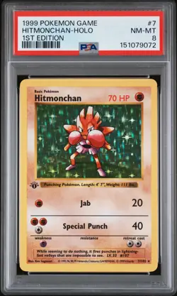 1999 POKEMON BASE SET 1ST EDITION #7 HITMONCHAN-HOLO PSA 8 - Image 1