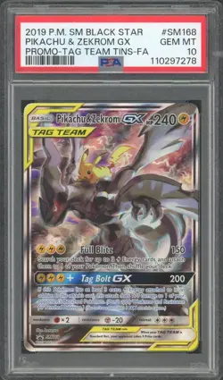 2019 Pokemon Black Star Promo Pikachu & Zekrom Tag Team Tins #SM168 PSA 10 - Image 1