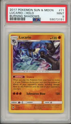 2017 Pokemon Sun & Moon Burning Shadows Lucario Holo #71 PSA 9 - Image 1