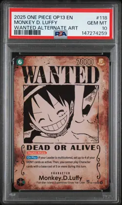 2025 ONE PIECE OP13-CARRYING ON HIS WILL #118 MONKEY D. LUFFY PSA 10 - Image 1