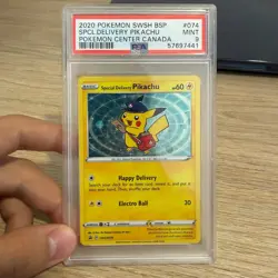 2020 POKEMON SWSH BLACK STAR PROMO #074 SPCL.DELIVERY PIKACHU PKMN.CENTER CANADA - Image 1