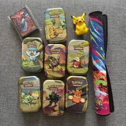 Charizard upc playmat + Pokemon TCG Lot of 7 Empty Mini Tins + Charizard sleeves - Image 1