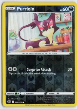 Purrloin 090/172 Reverse Holo Pokemon SWSH09: Brilliant Stars NM - Image 1