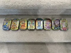 Prismatic Evolutions Empty Mini Tin Complete Set Of 8 Tin + Card + Coin NO PACKS - Image 2