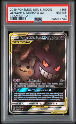 2019 POKEMON SUN & MOON TEAM UP #165 FULL ART/GENGAR & MIMIKYU GX PSA 8 - Image 1