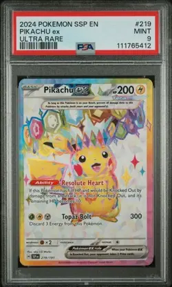 TOPAZ BOLT PSA 9 MINT PIKACHU EX ULTRA RARE 2024 POKEMON SSP EN 219 GRADED TPHLC - Image 1