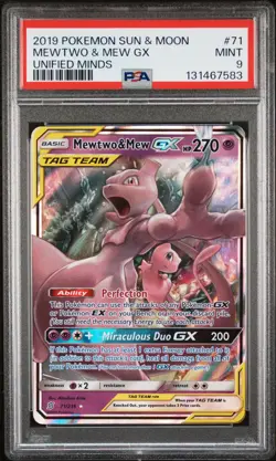 2019 POKEMON SUN & MOON UNIFIED MINDS #71 MEWTWO & MEW GX PSA 9 - Image 1