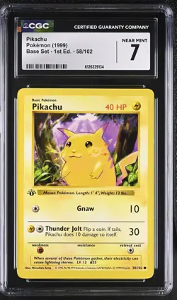 CGC 7 Pikachu 58/102 Base Set 1st Edition Shadowless Pokemon Card - Image 1