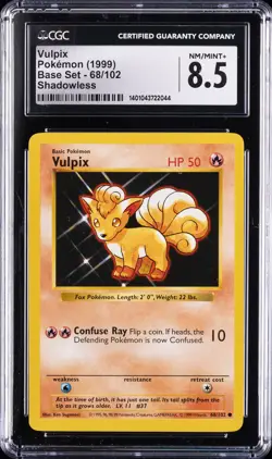 1999 POKEMON BASE SET SHADOWLESS #68/102 VULPIX CGC 8.5 - Image 1