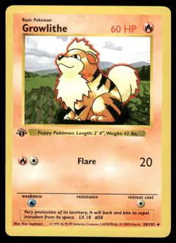 Growlithe 28/102 1st Edition Base Set Shadowless Uncommon NM EBAY LIVE FRIDAY - Image 1