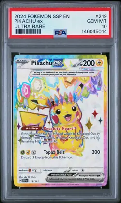 2024 POKEMON SSP EN-SURGING SPARKS ULTRA RARE #219 PIKACHU EX PSA 10 - Image 1