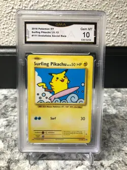 2016 POKEMON XY EVOLUTIONS SURFING PIKACHU SECRET RARE GMA GEM MT 10 #53616254 - Image 1