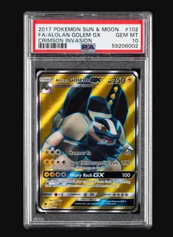 Pokemon TCG Alolan Golem GX 102/111 Crimson Invasion Full Art Ultra Rare PSA 10 - Image 1