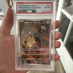 PSA 8 Pokemon Team Rocket's Meowth 203/182 Illustration Rare Holo 2025 - Image 1