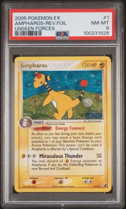 2005 POKEMON EX UNSEEN FORCES #1 AMPHAROS-REVERSE FOIL PSA 8 - Image 1