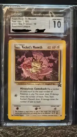 CGC 10 Gem MintTeam Rocket's Meowth 2000 Blk Star Promo Pokemon League Eng. - Image 1