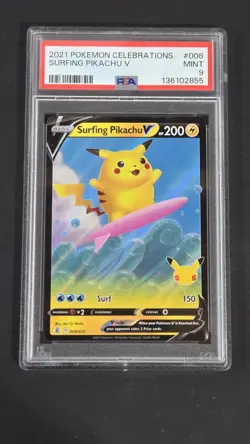 PSA 9 Surfing Pikachu V 008/025 Celebrations Ultra Rare Pokemon 2021 - Image 1