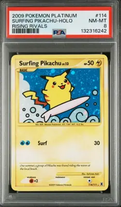 Surfing Pikachu PSA 8Holo 114/111 Rising Rivals 2009 Pokemon TCG - Image 1