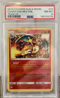 2019 POKEMON SUN & MOON TEAM UP #14 CHARIZARD-REVERSE FOIL PSA 8 - Image 1