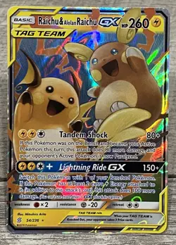Pokemon Raichu & Alolan Raichu GX Ultra Rare Full Art TAG TEAM Holo 54/236 - Image 1