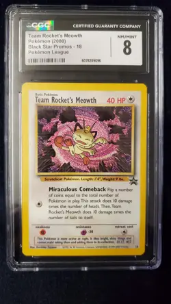 2000 Pokemon Team Rocket's Meowth Black Star Promo #18 CGC 8 NM/Mint WotC League - Image 1