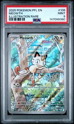 2025 POKEMON PFL EN-PHANTASMAL FLAMES ILLUSTRATION RARE #106 MEOWTH PSA 9 - Image 1
