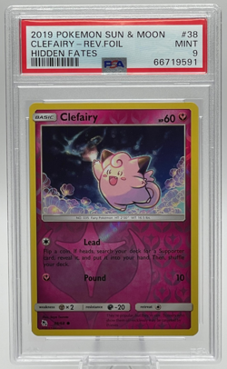 2019 POKEMON SUN & MOON HIDDEN FATES #38 CLEFAIRY REVERSE FOIL PSA 9 MINT - Image 1