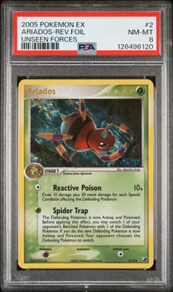 2005 POKEMON EX UNSEEN FORCES #2 ARIADOS-REVERSE FOIL PSA 8 - Image 1