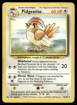 Pidgeotto 22/102 Rare Base Set Unlimited Pokemon Damaged - Image 1