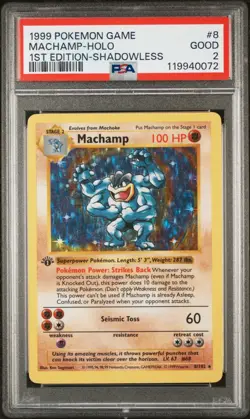1999 POKEMON GAME 1ST EDITION -SHADOWLESS #8 MACHAMP-HOLO PSA 2 - Image 1