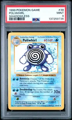 1999 POKEMON BASE SET SHADOWLESS #38 POLIWHIRL PSA 9 - Image 1