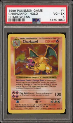 1999 POKEMON GAME SHADOWLESS #4 CHARIZARD-HOLO PSA 4 VG - EX - Image 1