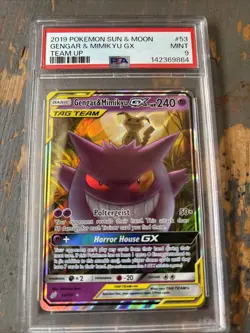 2019 Pokemon Sun & Moon Gengar & Mimikyu GX Team Up #53 PSA 9 MINT - Image 1