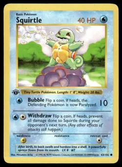 Squirtle 63/102 1st Edition Base Set Shadowless Common NM EBAY LIVE FRIDAY - Image 1