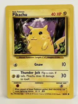 Vintage 1999 Pokemon TCG Base Set PIKACHU Yellow Cheeks 58/102 NM-LP Eng, Unltd - Image 1