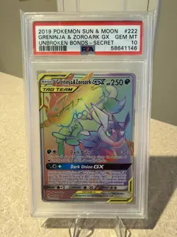 2019 POKEMON SUN & MOON UNBROKEN BONDS FULL ART/GRENINJA & ZOROARK GX PSA 10 - Image 1