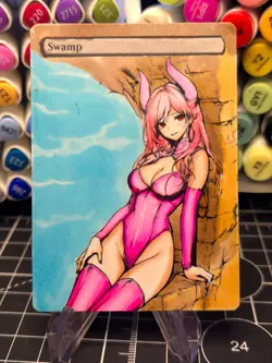SWAMP - BLACK - MTG *Altered Hand Colored Original Art Anime - Pink /DEMON 10-24 - Image 1