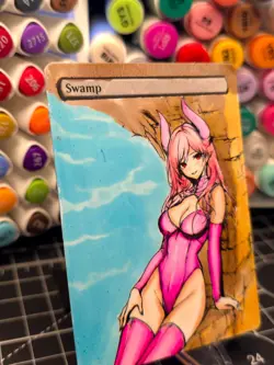 SWAMP - BLACK - MTG *Altered Hand Colored Original Art Anime - Pink /DEMON 10-24 - Image 4