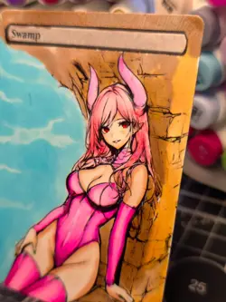 SWAMP - BLACK - MTG *Altered Hand Colored Original Art Anime - Pink /DEMON 10-24 - Image 5